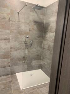 a shower with a glass door in a bathroom at Infinity Apartman in Esztergom