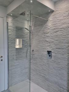 um chuveiro com uma porta de vidro na casa de banho em Suite vacanze Chabloz nel cuore della Valle d'Aosta em Nus
