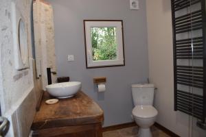 a bathroom with a toilet and a sink on a wooden counter at Lapis Domus in Francueil