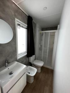 ein Bad mit einem Waschbecken, einem WC und einem Fenster in der Unterkunft Camping San Michele in Moniga