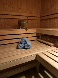 un animal de peluche está sentado en una sauna en Gästehaus Bremer en Cuxhaven