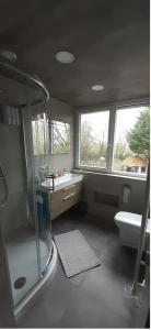 ein Bad mit einer Dusche, einem Waschbecken und einem WC in der Unterkunft Superior Familiekamer 4 personen OF Privékamer 2 personen in Anna Paulowna