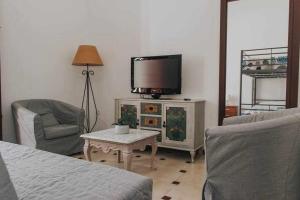 een woonkamer met een tv en 2 stoelen en een tafel bij Gran casa con piscina centro de sevilla Vistas in Sevilla