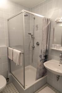 uma casa de banho com um chuveiro e um lavatório. em Weinhaus Henerichs em Pommern
