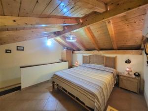 トロペアにあるAppartamenti Salvatoreの木製の天井の客室で、ベッドルーム1室(大型ベッド1台付)