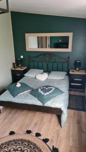 Schlafzimmer mit einem Bett mit grünen Wänden und Holzböden in der Unterkunft HAPPY SPA in Gouy-en-Gohelle