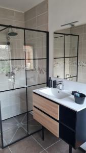 ein Bad mit einem Waschbecken und einer Dusche in der Unterkunft HAPPY SPA in Gouy-en-Gohelle