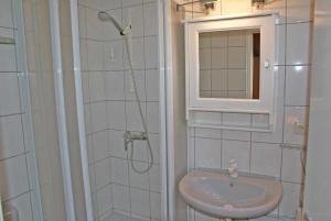 a bathroom with a sink and a shower with a mirror at Urlaub fuer die ganze Familie im Z in Damp