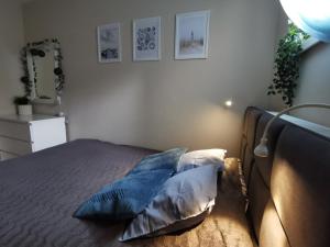 - une chambre avec un lit doté d'oreillers bleus dans l'établissement Majka, à Międzywodzie