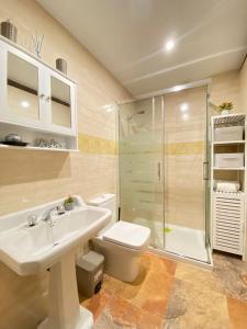 uma casa de banho com um lavatório, um WC e um chuveiro em Apartamentos Mikaela em El Burgo de Osma