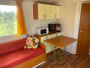 a small room with a desk and a microwave at Agricamping Zanina 9 in Peschiera del Garda