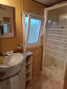 La salle de bains est pourvue d'un lavabo et d'une douche. dans l'établissement Mobil home 6 personnes climatisation Sainte Croix du Verdon - Gorges du Verdon, à Sainte-Croix-de-Verdon
