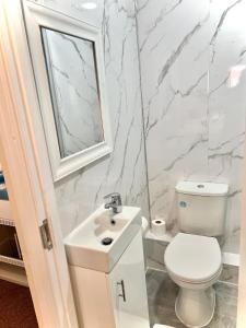 a bathroom with a white toilet and a sink at Aldgate Holiday Rooms in London