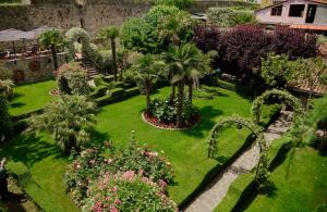 een luchtzicht op een tuin met palmbomen en bloemen bij Real Scampis Hotel in Elbasan