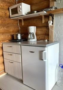 a kitchen with a counter with a mixer and a microwave at Lepikkorinne Raijan Aitta in Mikkeli