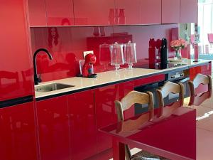 a red kitchen with a sink and red cabinets at Loft Sotos de la Albolafia in Córdoba +21 photos