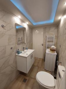 ein Badezimmer mit einem weißen WC und einem Waschbecken in der Unterkunft Central Garden Escape in Thessaloniki private parking in Thessaloniki