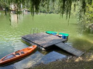 muelle de madera con 2 kayaks en el agua en Cabana Gavroche en Moara Ungurului