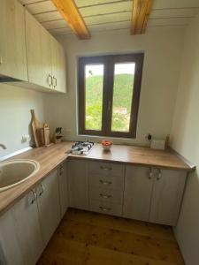uma cozinha com um lavatório e uma janela em Cabana Gavroche em Moara Ungurului