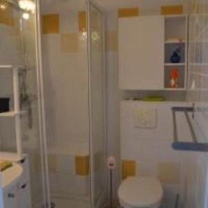 uma casa de banho com um chuveiro e um WC. em Au Coeur de Bandol T2 climatisé avec terrasse et garage em Bandol