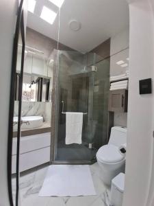 a bathroom with a shower and a toilet and a sink at Bright APT w/view near Reforma in Mexico City