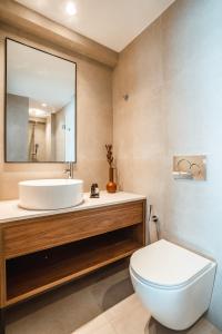 een badkamer met een wit toilet en een wastafel bij Elivia Boutique Suites in Almiropótamos