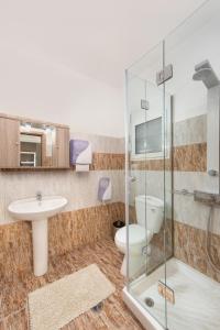 a bathroom with a sink and a toilet and a glass shower at Savvas Apartment in Afantou