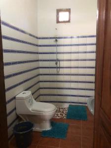 een badkamer met een toilet en een douche. bij Karamba Lodge in Kafountine