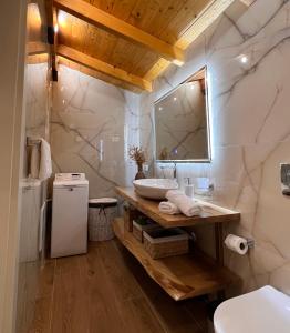een badkamer met een wastafel en een spiegel bij Vila Lulebore in Velipojë