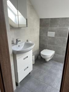 een badkamer met een wastafel en een toilet bij Penzion Čavisov in Čavisov