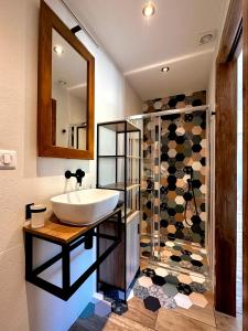 uma casa de banho com um lavatório e um chuveiro em L’Escale em Riquewihr