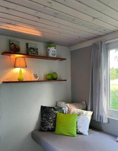 een woonkamer met een bank en een raam bij Tiny House i storslået natur in Frederikshavn