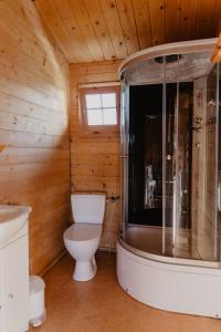 uma casa de banho com um WC e uma banheira em Lawendowe Domki Mielno em Mielno
