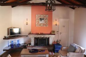 sala de estar con chimenea y TV en Maria Papada's Traditional Village House, en Kondóstavlos