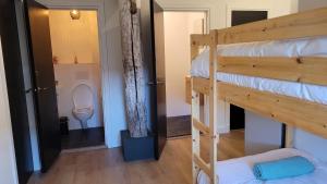a couple of bunk beds in a room with a toilet at Betuwe Huisje in Meteren