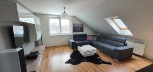 a living room with a black dog laying on the floor at Apartmán Hrkovce 