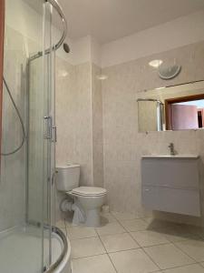 a bathroom with a toilet and a sink and a shower at ADANIA 1 in Grzybowo +36 photos