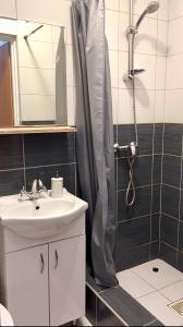 y baño con lavabo y ducha. en Pokoje U Hanki, en Dziwnów