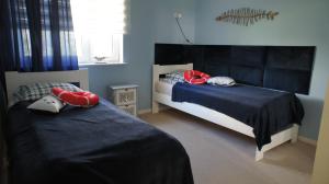 2 camas en un dormitorio con paredes azules y almohadas rojas en Apartament Gruba Ryba, en Puck