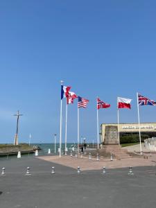 um grupo de bandeiras em pólos perto do oceano em Le cosy em Courseulles-sur-Mer