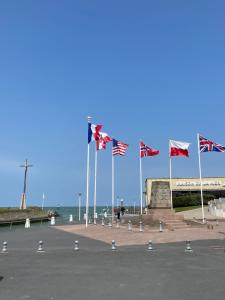 a group of flags on poles near the ocean at Le cosy in Courseulles-sur-Mer