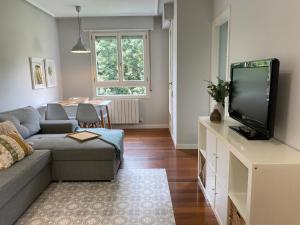 uma sala de estar com um sofá e uma televisão de ecrã plano em Apartamento Playa Ostende ,Garaje incluido em Castro-Urdiales