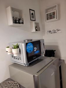 un forno a microonde seduto sopra un frigorifero di CA' SEBASTIANO a Venezia
