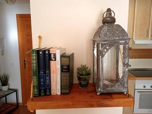 a shelf with books and a lantern on it at Acogedor Apartamento Ocaña in Ocaña