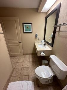 a bathroom with a toilet and a sink and a mirror at Charming suite in a condotel close to Disney in Orlando