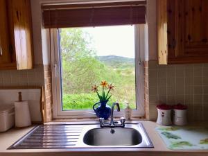 a kitchen sink with a vase of flowers on the window at Kilronan Cottage in Ballyconneely