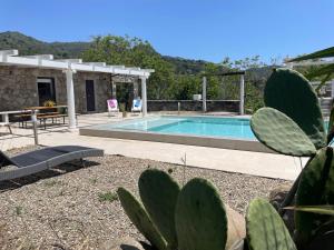 - une piscine dans une cour avec des cactus dans l'établissement Sicily Stone Cottage, à Graniti