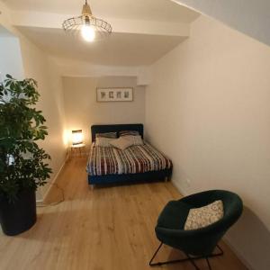 1 dormitorio con 1 cama y 1 silla en La maison de Lili, en Colayrac-Saint-Cirq