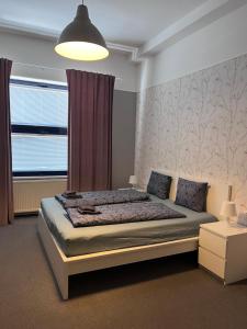 a bedroom with a bed and a window and a lamp at Downtown Apartments in Pilsen