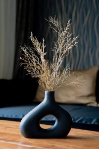 a black vase with branches in it on a table at Vrnjačka Promenada - Pešačka zona - Baby friendly in Vrnjačka Banja